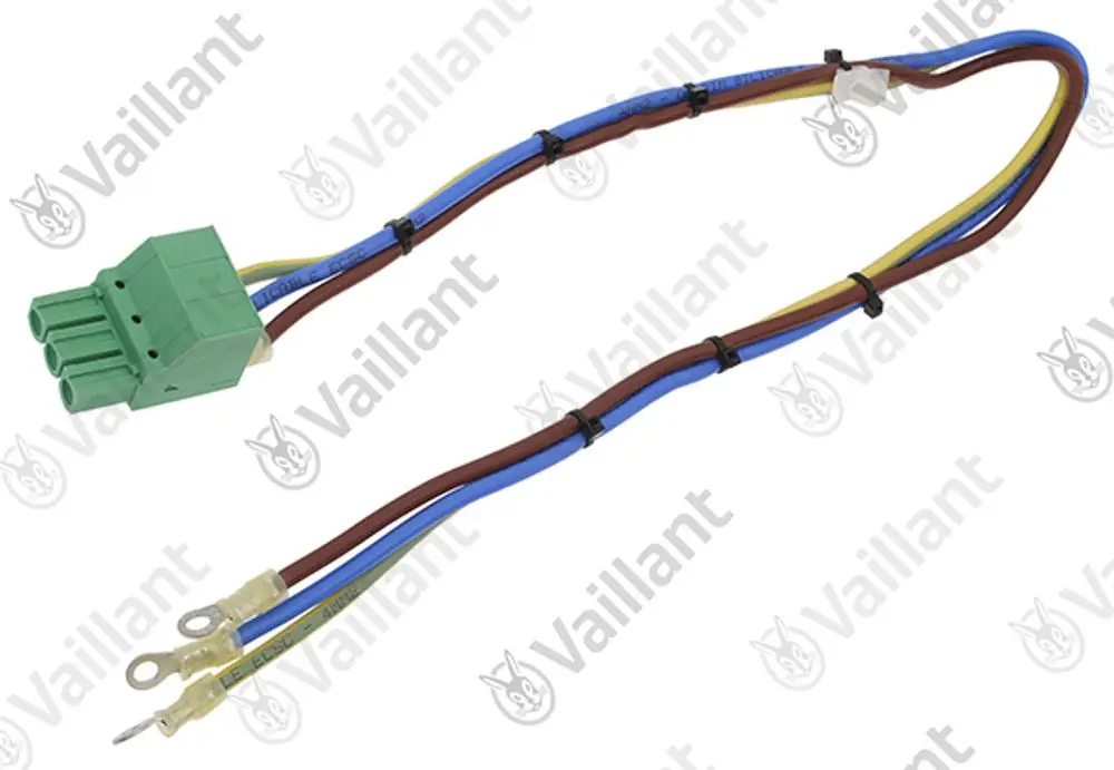 Kabelbaum von Vaillant mit grünem Stecker, mehreren farbigen Drähten und Anschlussklemmen, geeignet für den Power Inverter VWL 155/2 A 230V.